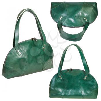 set of green leather handbags isolated on white background