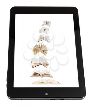 flying books on screen of tablet pc isolated on white background