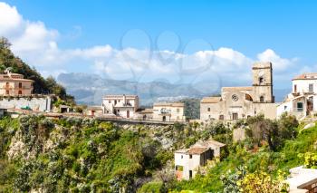 houses and Mother Church (Chiesa Madre) in mountain village Savoca in Sicily, Italy