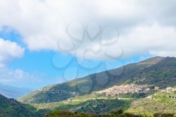 mountain landscape with Savoca village in Sicily in spring