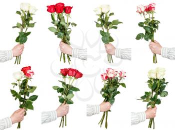 set of three and five rose flowers bouquets in hand isolated on white background