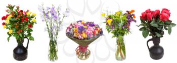 set of bunches of flowers in vases isolated on white background