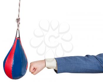 hand gesture - man in office suit punches punching bag isolated on white background