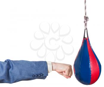 hand gesture - businessman hits punching bag isolated on white background