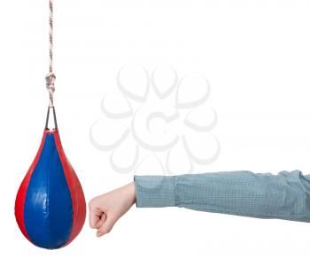 hand gesture - manager punches punching bag isolated on white background