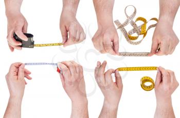 set of male hands with measuring tapes isolated on white background