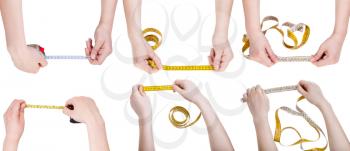 set of female hands with measuring tapes isolated on white background