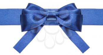 symmetric blue satin bow with square cut ends on ribbon close up isolated on white background