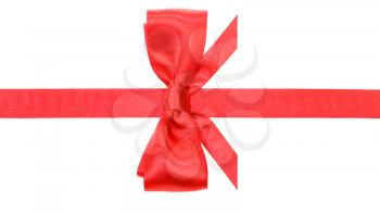 real red satin bow with horizontal cut ends on narrow ribbon isolated on white background