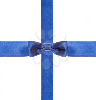 one blue satin bow in centre and two intersecting ribbons isolated on square white background