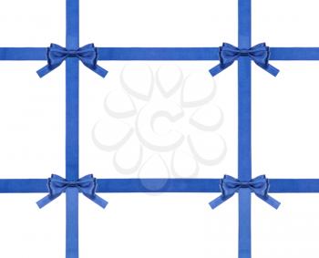 four blue satin bows and four intersecting ribbons isolated on horizontal white background