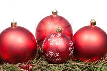 red Christmas baubles on green spruce tree branch isolated on white background