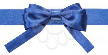 real blue satin bow with square cut ends on ribbon close up isolated on white background
