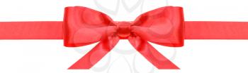 narrow red satin ribbon with symmetric bow with horizontal cut ends isolated on white background