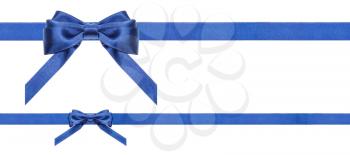 two blue satin bows and two horizontal ribbons isolated on horizontal white background