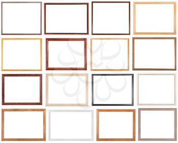 set of 16 pcs narrow wooden picture frames with cut out blank space isolated on white background