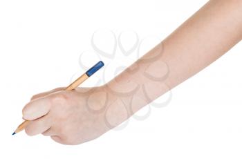 female hand draws by wood blue pencil isolated on white background