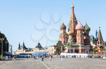 Moscow cityscape - Pokrovsky Cathedral and Vasilevsky Descent of Red Square of Moscow Kremlin in summer afternoon