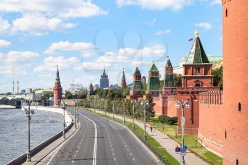Moscow cityscape - The Kremlin Embankment of Moskva River, Kremlin Walls and Towers in Moscow, Russia in summer day