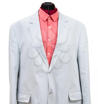 casual suit on tailor mannequin - blue cotton jacket with red shirt isolated on white background