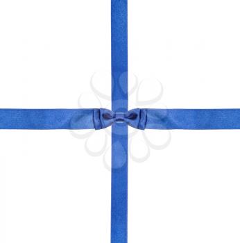 one blue satin bow knot in center and two intersecting ribbons isolated on square white background