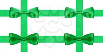 four big green bow knots on four satin ribbons isolated on white background