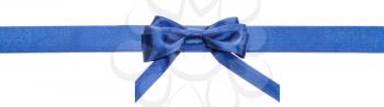 narrow blue satin ribbon with real bow with vertical cut ends isolated on white background
