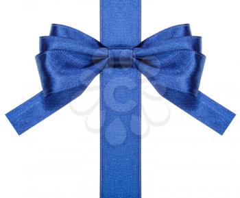 symmetric blue satin bow with square cut ends on vertical ribbon close up isolated on white background