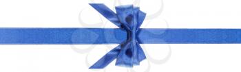 symmetric blue satin bow with vertically cut ends on narrow ribbon isolated on white background