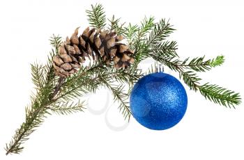 detail of xmas frame - twig of fir tree with cone and blue ball on white background