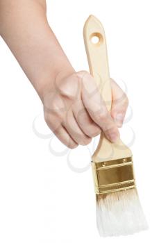 direct view of painter hand with flat paintbrush painting in white paint isolated on white background