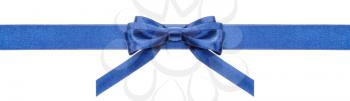 narrow blue satin ribbon with symmetric bow with vertical cut ends isolated on white background
