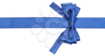 real blue satin bow with square cut ends on silk ribbon isolated on white background
