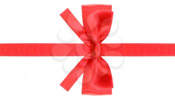 symmetric red satin bow with square cut ends on silk ribbon isolated on white background