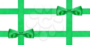 two big green bow knots on four silk ribbons isolated on white background