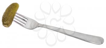 dinning fork with impaled pickled cucumber isolated on white background