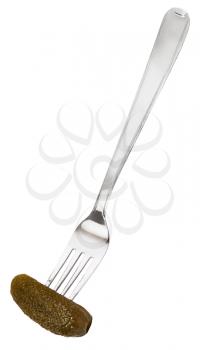 dinning fork with pickled cucumber isolated on white background