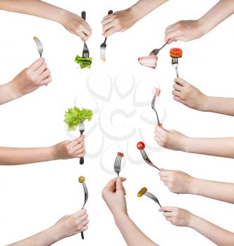 set of hands with forks with impaled foods isolated on white background