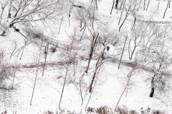 above view of footpath in snow urban park in winter season
