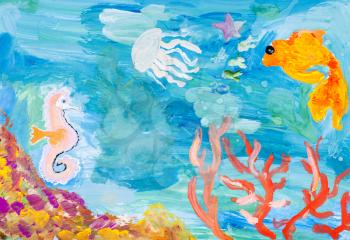 children painting - underwater world of the coral reef by watercolors