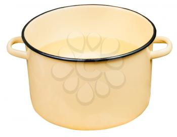classic big yellow enamel stockpot with water isolated on white background