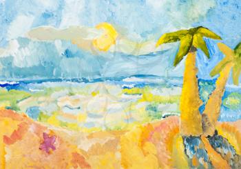 child's drawing - palm trees on ocean coast in sunny day by watercolor gouache