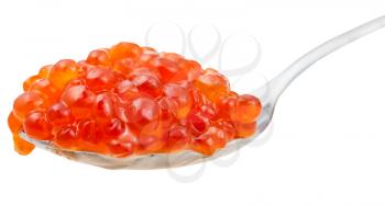 side view of spoon with trout salmon red caviar isolated on white background