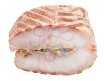 above view of piece of hot smoked Starry sturgeon fish isolated on white background