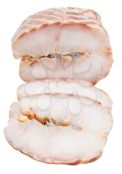 above view of two slices and piece of hot smoked Starry sturgeon fish isolated on white background