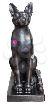 front view of modern hand made ceramic replica of cat statue from Ancient Egypt isolated on white background