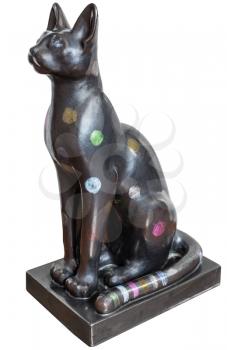 modern hand made ceramic replica of cat sculpture from Ancient Egypt isolated on white background