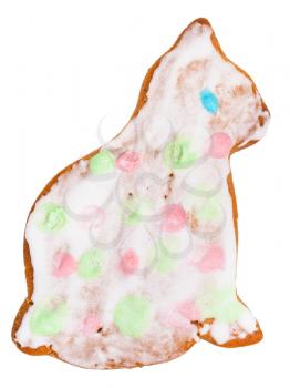 homemade Christmas festive glazed gingerbread cookie - cat figure cookie isolated on white background