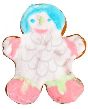 homemade Christmas festive glazed gingerbread cookie - child figure cookie isolated on white background