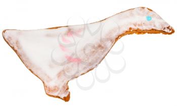 homemade Christmas festive glazed gingerbread cookie - goose figure cookie isolated on white background
